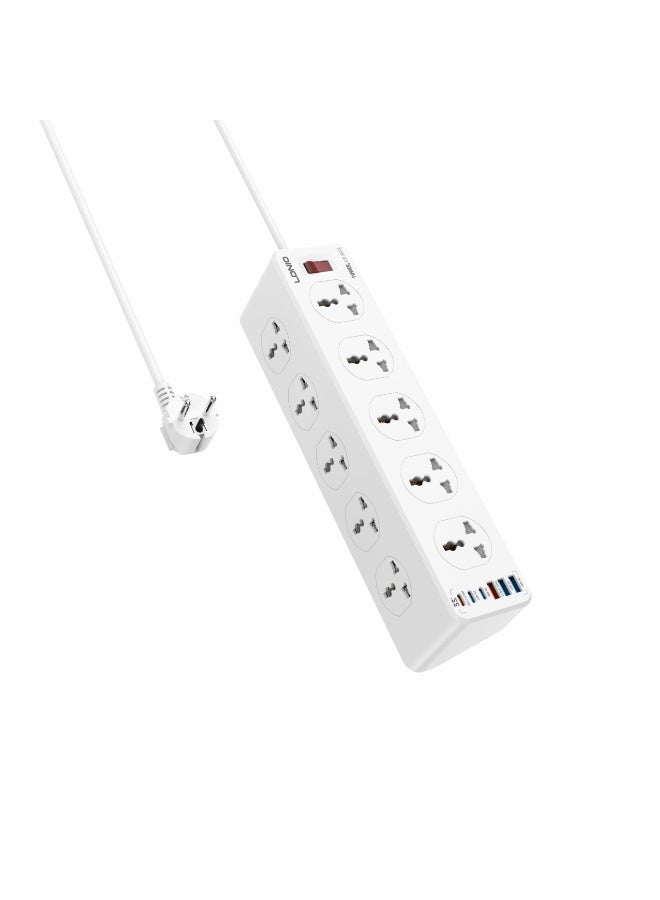 LDNIO SC10610C Universal Power Strip with 10 AC Outlets & 6 USB Ports (33W PD + QC3.0), 2500W Surge Protection Extension Socket, 2M Heavy Duty Cable , White - Image 1